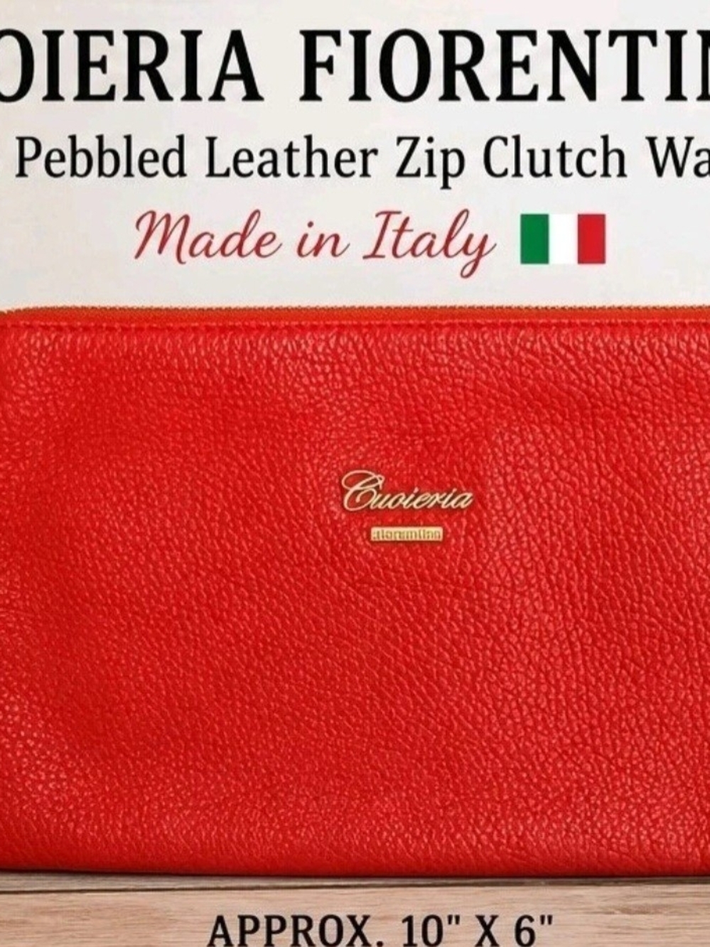 Cuoieria Fiorentina Red Pebbled Leather Zip Clutch Wallet Made In Italy